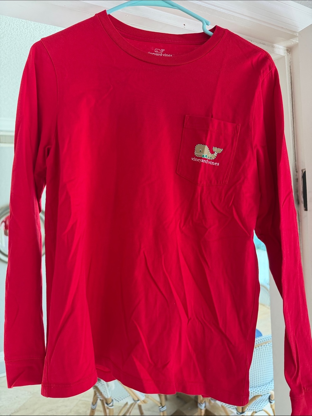 Vineyard Vines Red Long-Sleeve Pocket Tee with Whale Patch